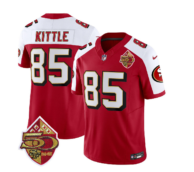 Men's San Francisco 49ers #85 George Kittle Red/White 2023 F.U.S.E. 50th Patch Throwback Football Stitched Jersey